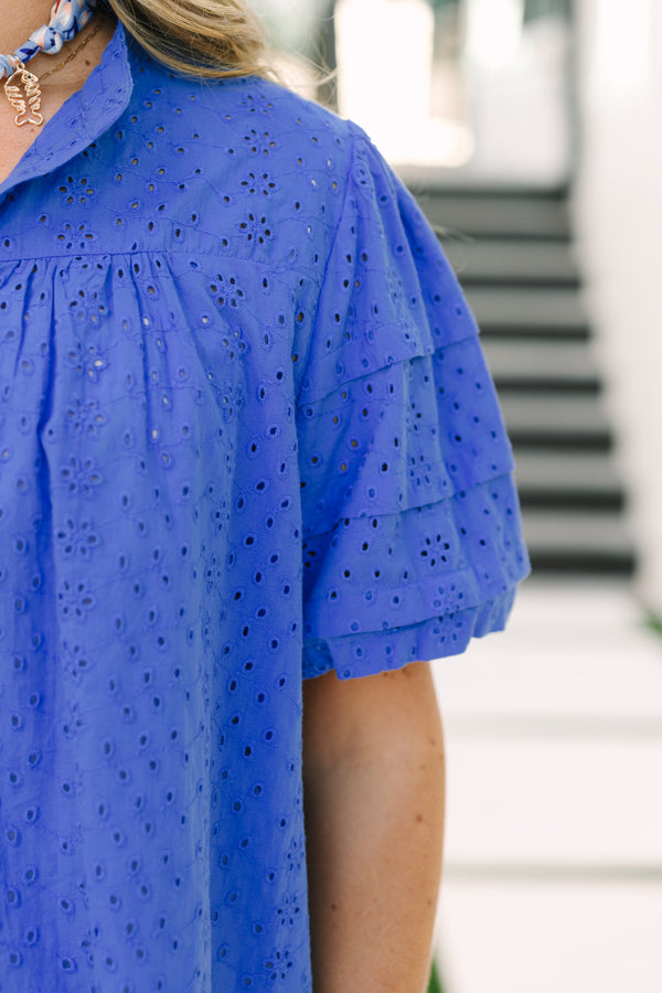 Chic Soul plus size clothing, cobalt blue short sleeve button down top with collar and eyelet detailing