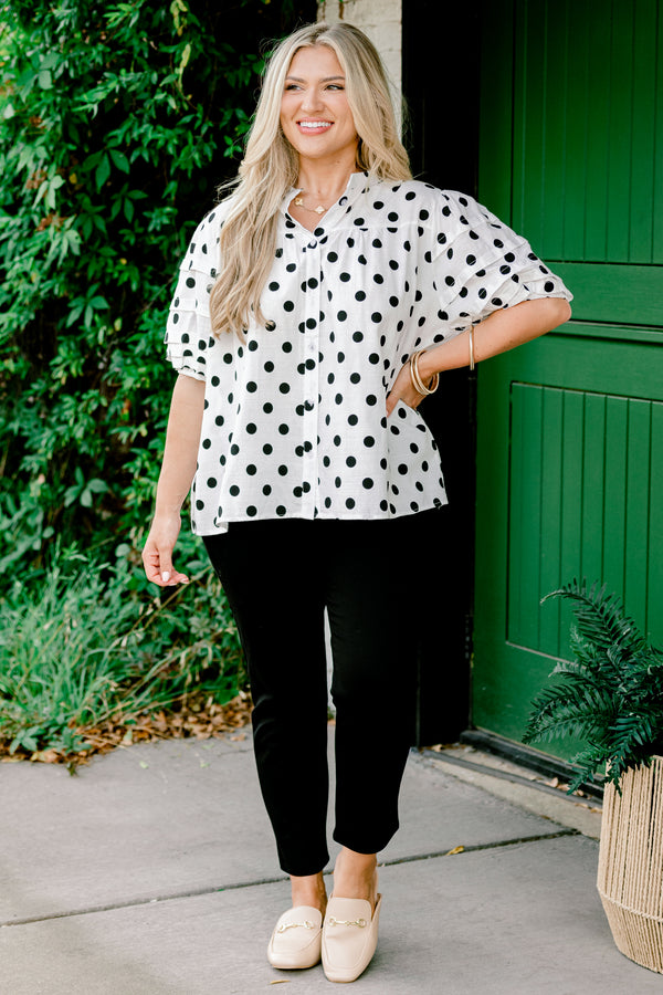 Chic Soul plus size clothing, white button-up short-bubble sleeve blouse with black polka dots