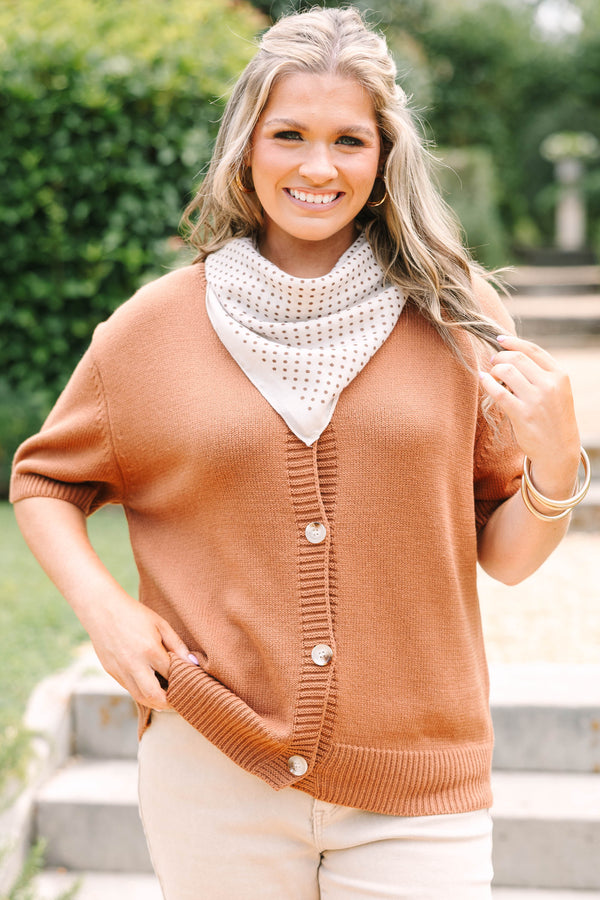 Plus Size short sleeve brown knit cardigan with functional buttons and a relaxed fit.