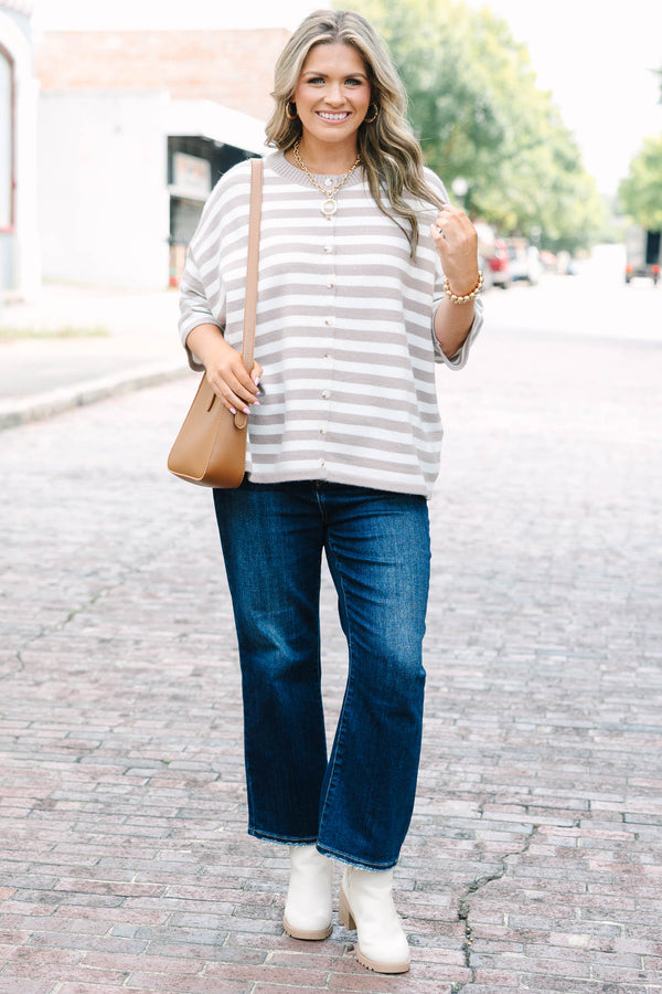Plus Size taupe and cream horizontal striped button-down cardigan with three-quarter sleeves.