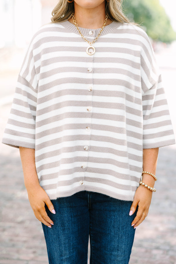 Plus Size taupe and cream horizontal striped button-down cardigan with three-quarter sleeves.