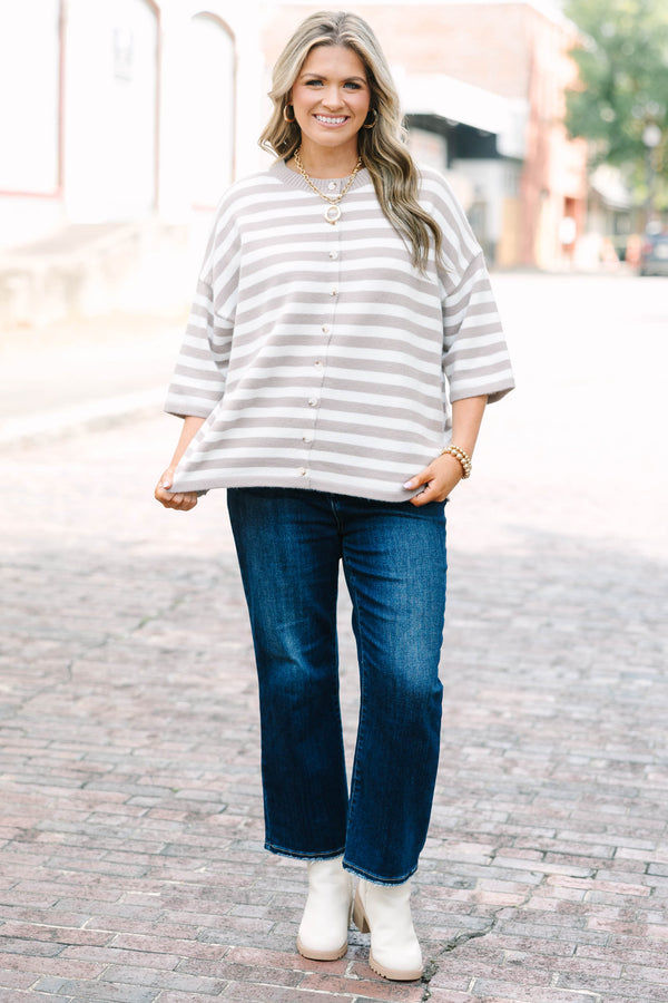 Plus Size taupe and cream horizontal striped button-down cardigan with three-quarter sleeves.