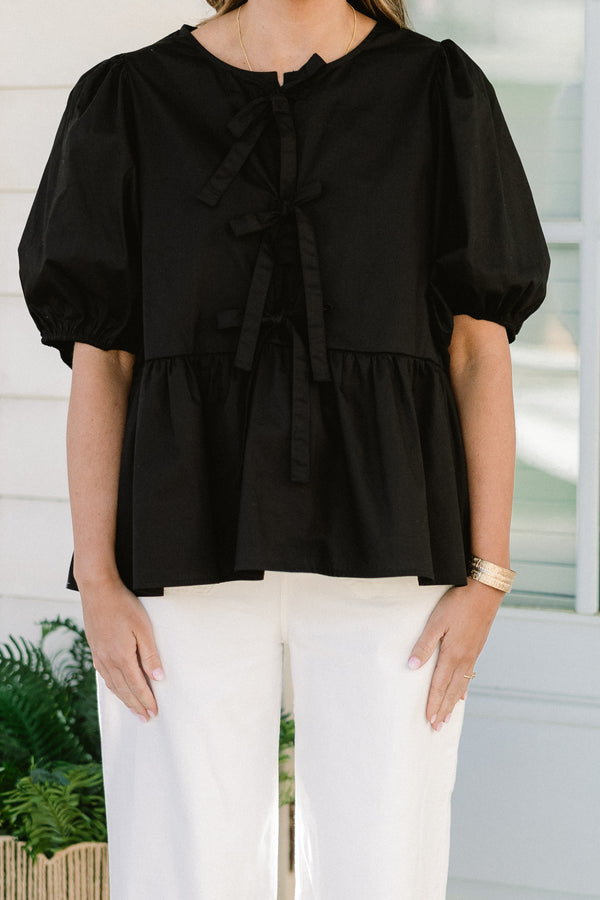 Chic Soul plus size clothing, black short puff sleeve babydoll top with three bow detail on the front