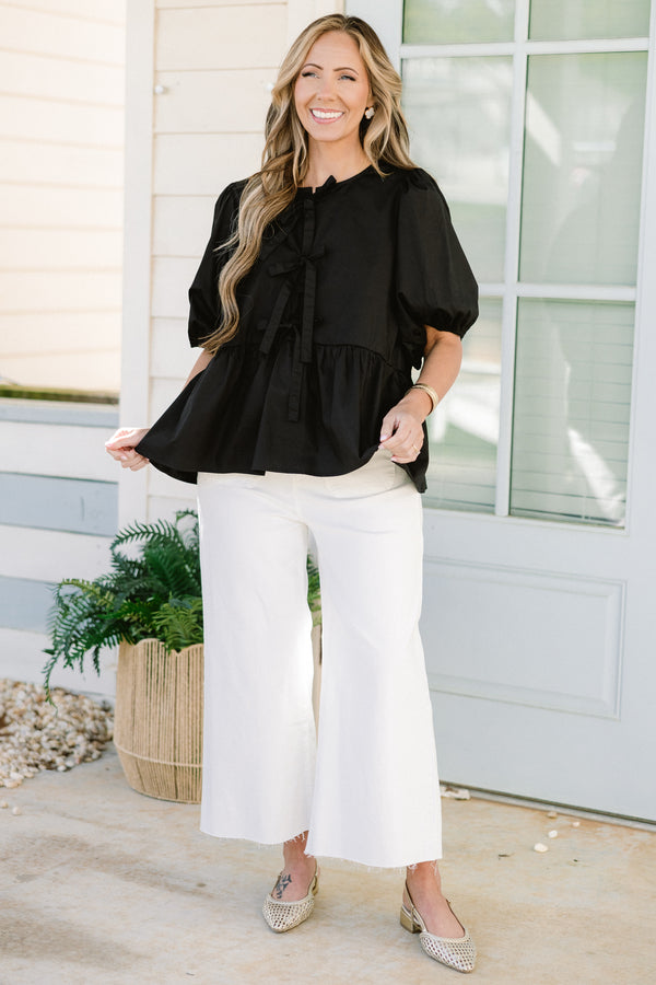 Chic Soul plus size clothing, black short puff sleeve babydoll top with three bow detail on the front