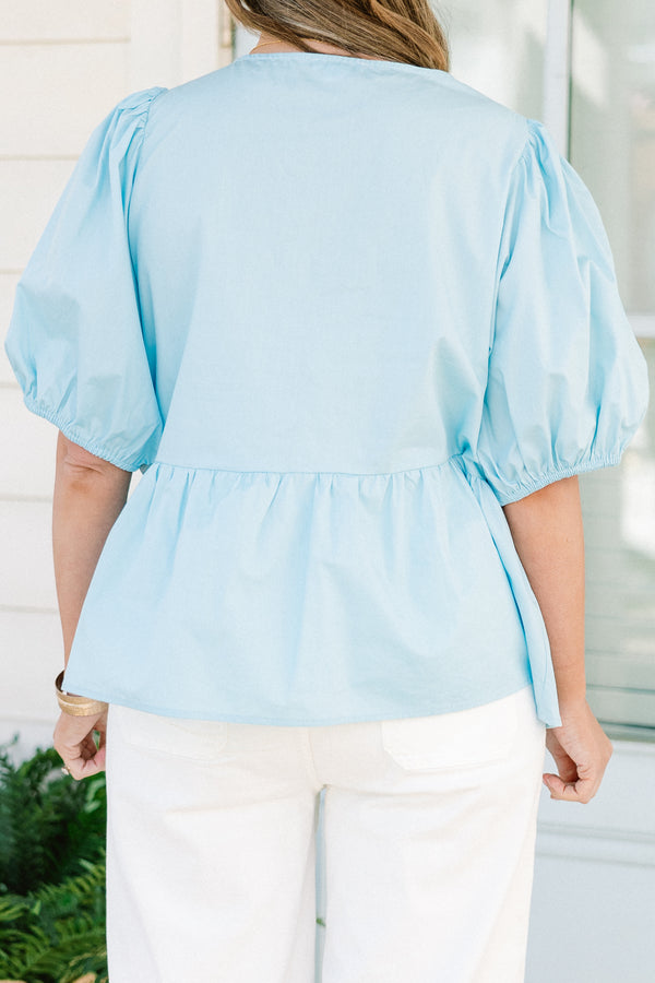 Chic Soul plus size clothing, light blue short puff sleeve babydoll top with three bow ties down the front