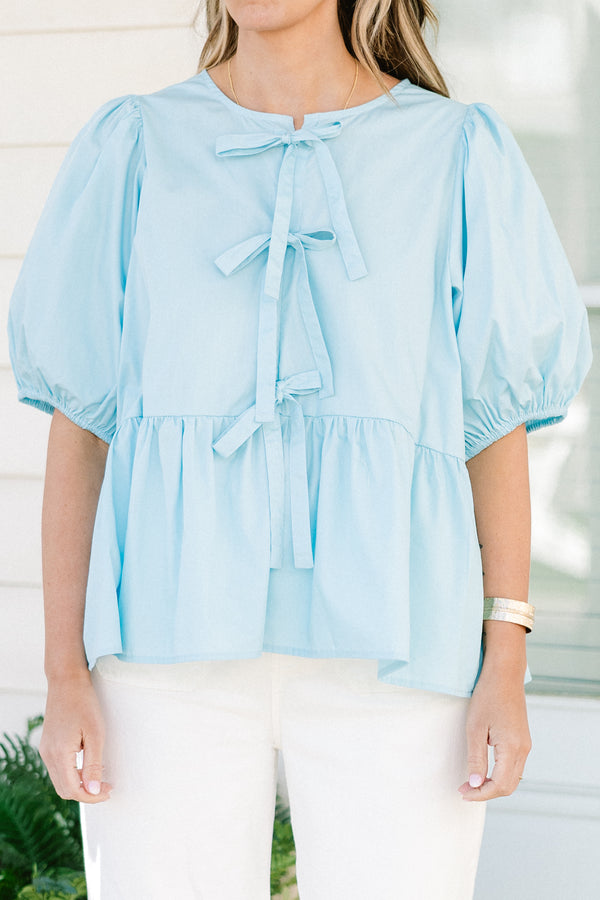 Chic Soul plus size clothing, light blue short puff sleeve babydoll top with three bow ties down the front