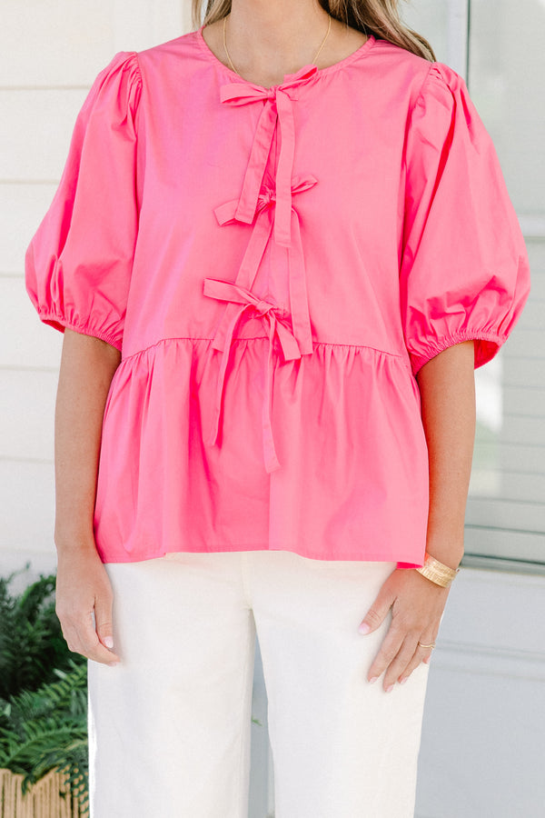 Chic Soul plus size clothing, pink short puff sleeve babydoll top with three bow detail on the front