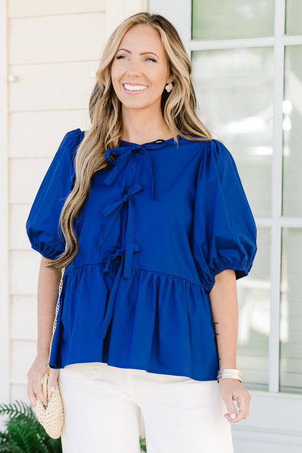 Chic Soul plus size clothing, royal blue three bow tie babydoll top with puff sleeves