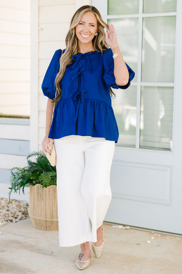 Chic Soul plus size clothing, royal blue three bow tie babydoll top with puff sleeves