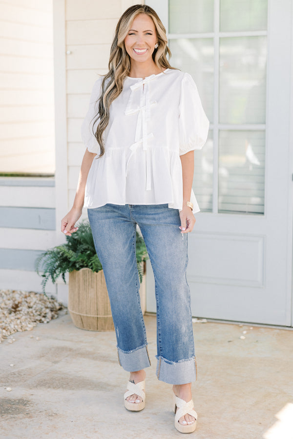 Chic Soul plus size clothing, white three bow tie babydoll top with puff sleeves