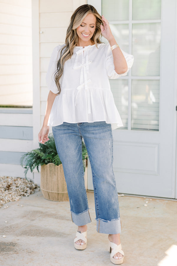 Chic Soul plus size clothing, white three bow tie babydoll top with puff sleeves