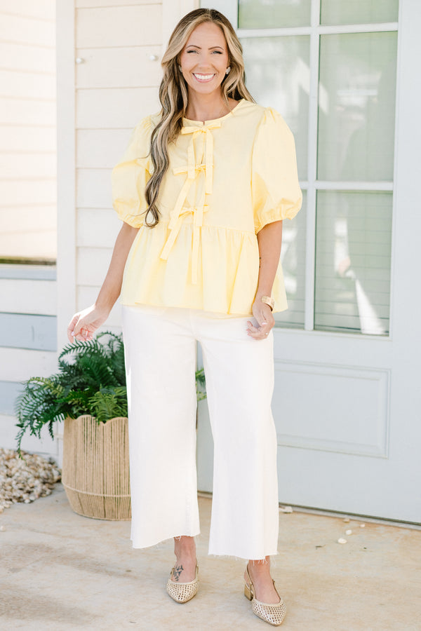 Chic Soul plus size clothing, yellow three bow tie babydoll top with puff sleeves