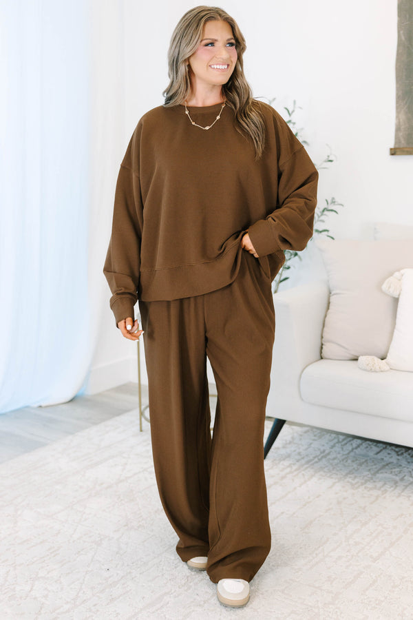 Plus size clothing, brown long sleeve set with long pants and ribbed texture