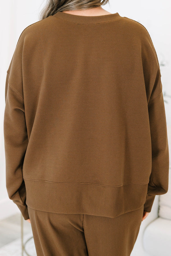 Plus size clothing, brown long sleeve set with long pants and ribbed texture