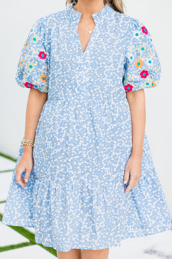 Plus Size blue ditsy floral dress with embroidered puff sleeves and a split v-neckline.