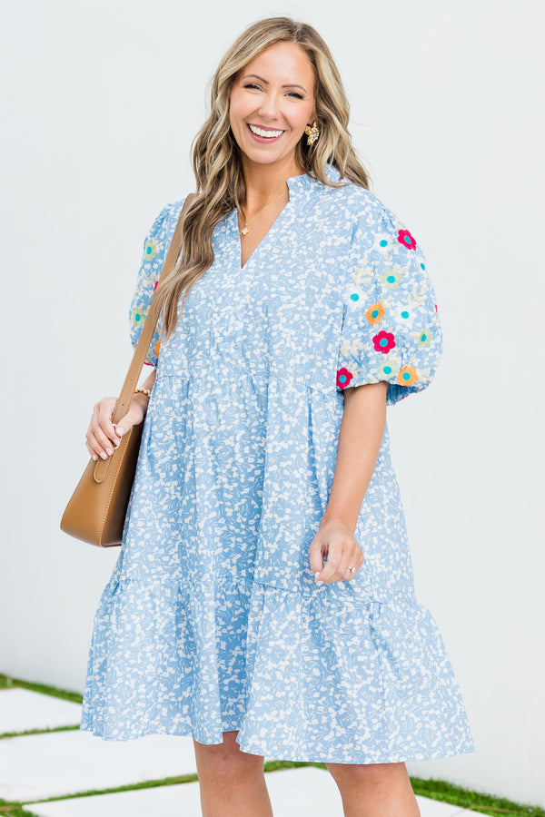 Plus Size blue ditsy floral dress with embroidered puff sleeves and a split v-neckline.