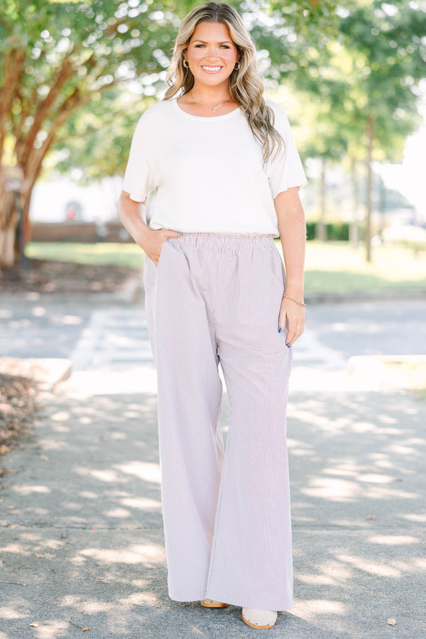 Plus Size wide-leg pants in a brown and white vertical stripe pattern with an elastic waistband.