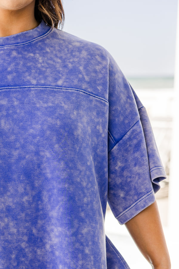 Chic Soul plus size clothing, short-sleeve drop-shoulder blue mineral washed top with a high-scoop-neckline