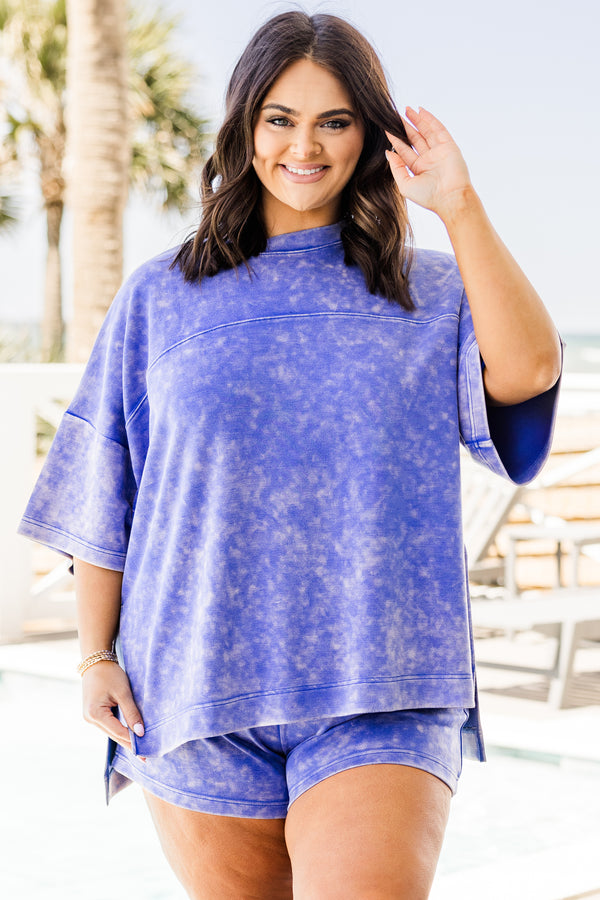 Chic Soul plus size clothing, short-sleeve drop-shoulder blue mineral washed top with a high-scoop-neckline