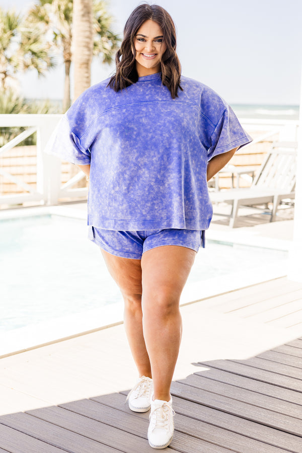 Chic Soul plus size clothing, blue mineral washed elastic waistband sweat shorts with hidden pockets and a waist tie 