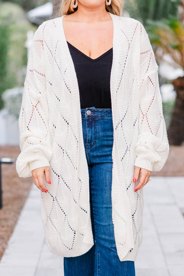 Chic Soul plus size clothing, white long sleeve bubble sleeve cardigan with eyelet knit design