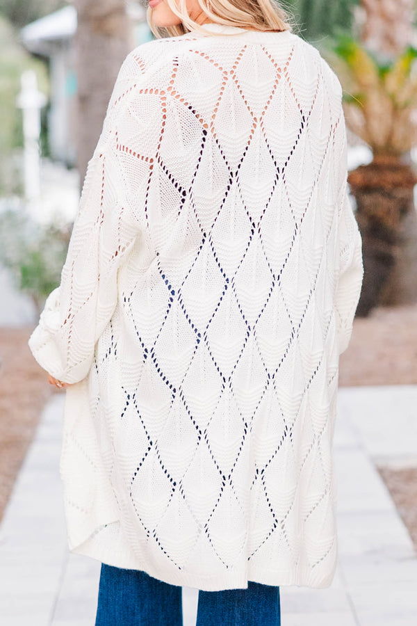 Chic Soul plus size clothing, white long sleeve bubble sleeve cardigan with eyelet knit design