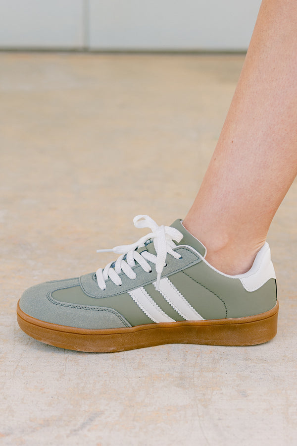 Chic Soul plus size clothing, sage green sneakers with two white stripes on sides and camel colored sole