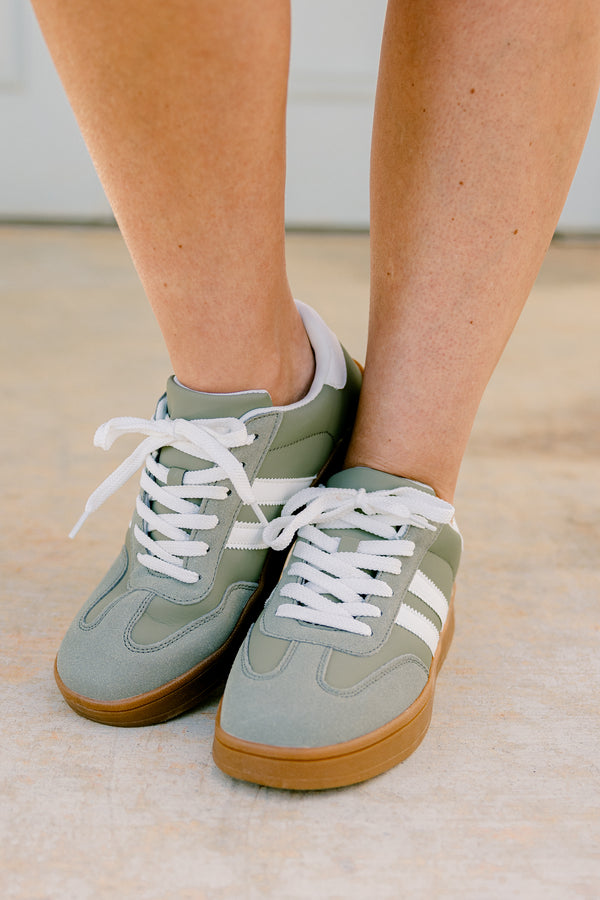 Chic Soul plus size clothing, sage green sneakers with two white stripes on sides and camel colored sole