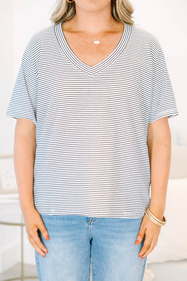 Plus Size relaxed v-neck short sleeve tee in a black and white horizontal stripe pattern.