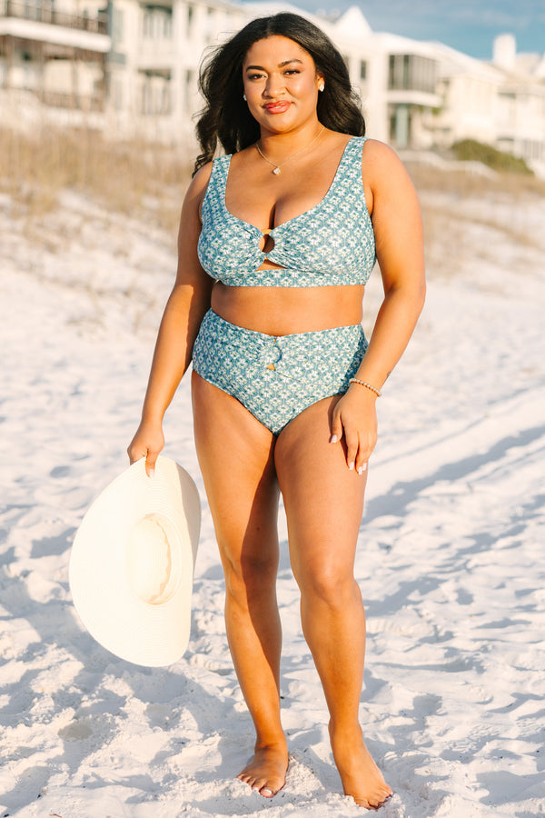 Chic Soul plus size clothing, square neck swim top with a palm leaf pattern throughout along a round cut out in the center of the chest area 