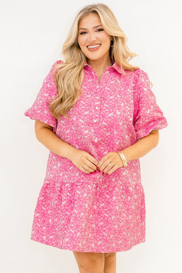 Chic Soul plus size clothing, pink short puff sleeve short dress with collar and three buttons on the top and pink floral print pattern