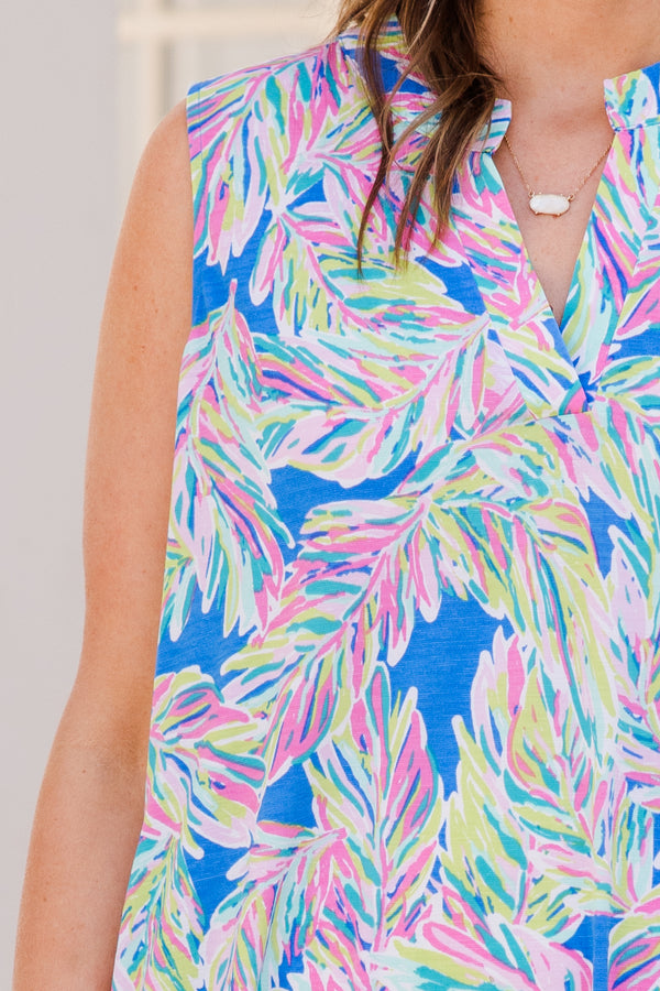 Chic Soul plus size clothing, royal blue sleeveless dress with abstract print