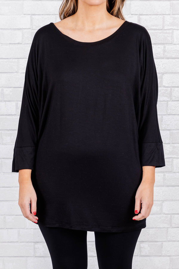 Chic soul plus size boutique, simple black top. 3/4 quarter length sleeves, round neck, soft