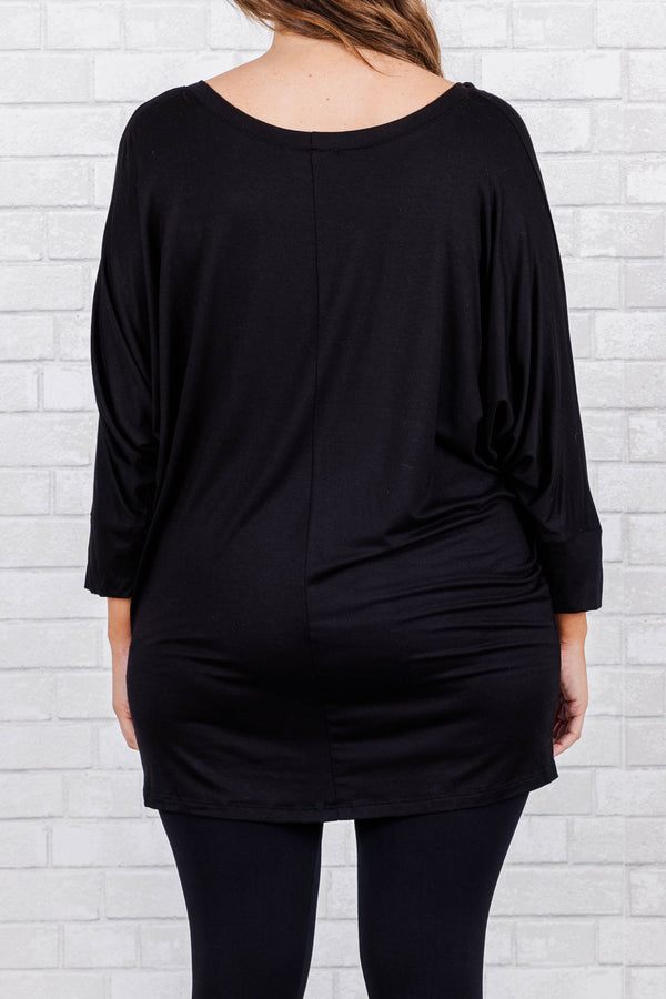 Chic soul plus size boutique, simple black top. 3/4 quarter length sleeves, round neck, soft