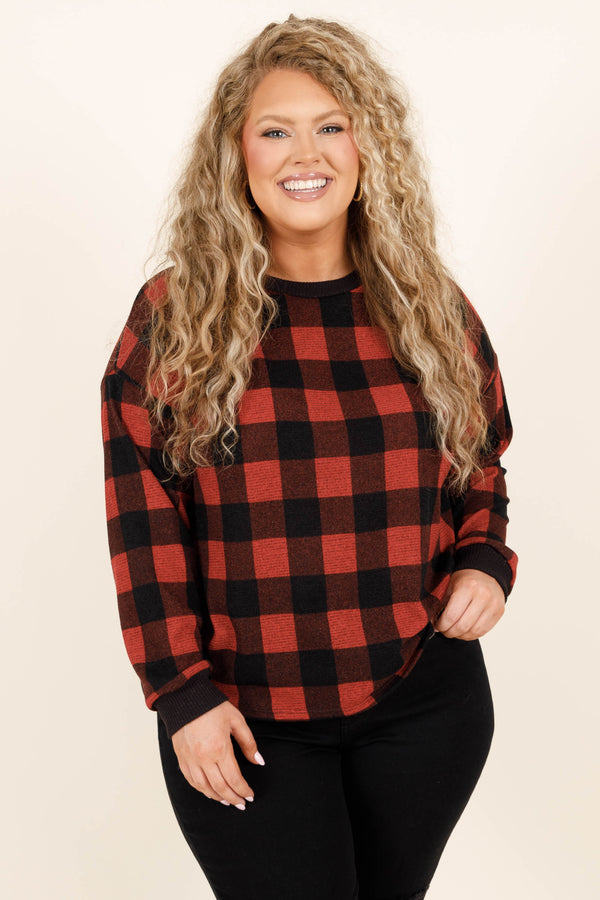 Chic Soul plus size clothing, red and black patterned soft long sleeve top to just throw on comfy and soft