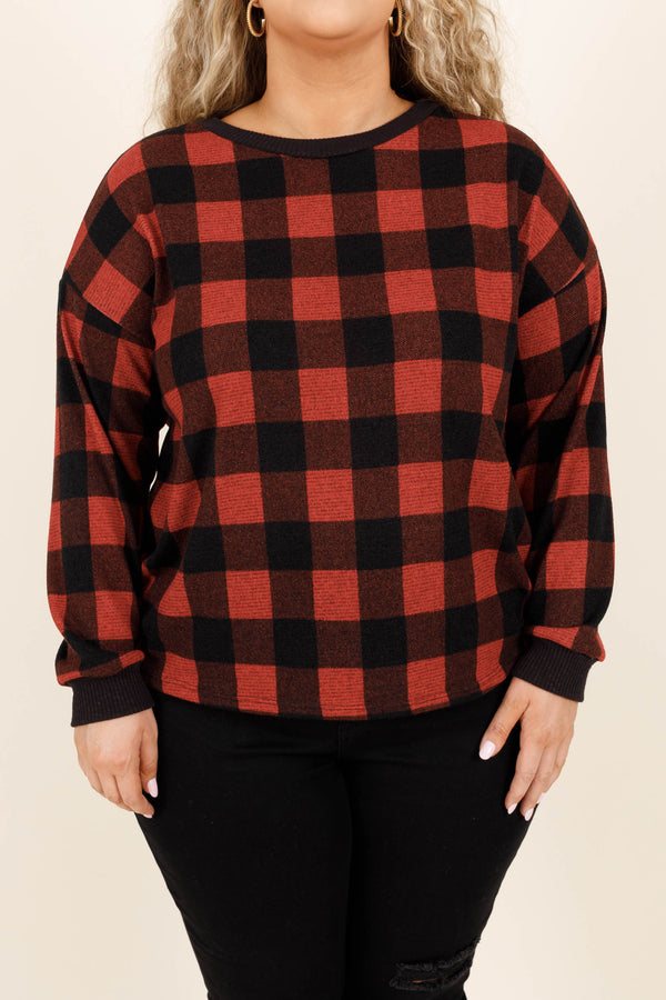 Chic Soul plus size clothing, red and black patterned soft long sleeve top to just throw on comfy and soft