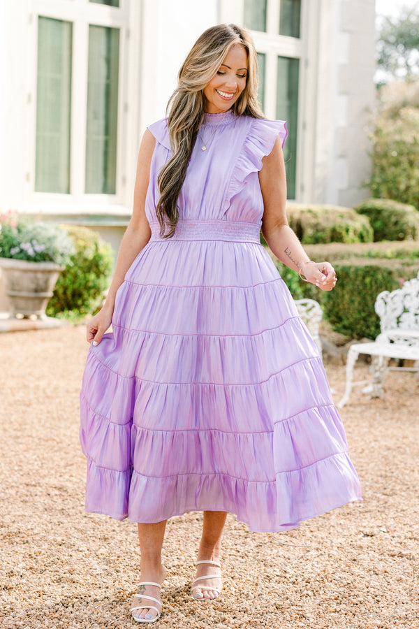 Chic Soul plus size clothing, lilac sleeveless midi dress with tiered detail with mock neckline with ruffle along sleeves