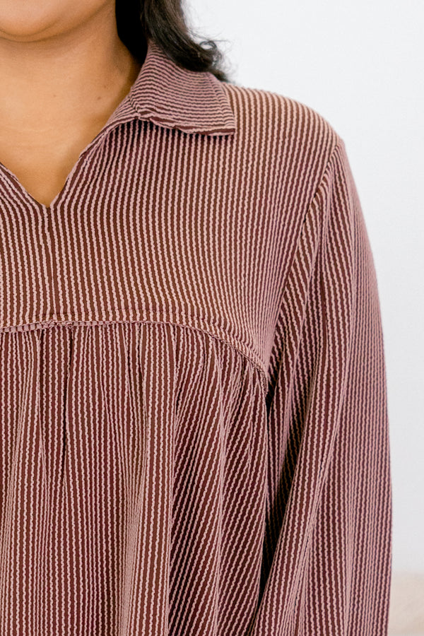 Chic Soul plus size clothing, brown long sleeve baby doll top with collar