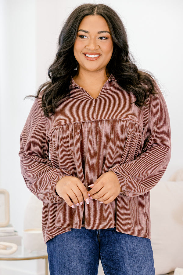 Chic Soul plus size clothing, brown long sleeve baby doll top with collar