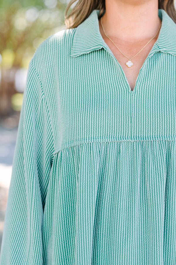 Chic Soul plus size clothing, green ribbed long sleeve baby doll top with a slight v-neckline 