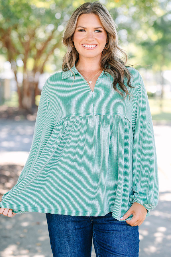 Chic Soul plus size clothing, green ribbed long sleeve baby doll top with a slight v-neckline 