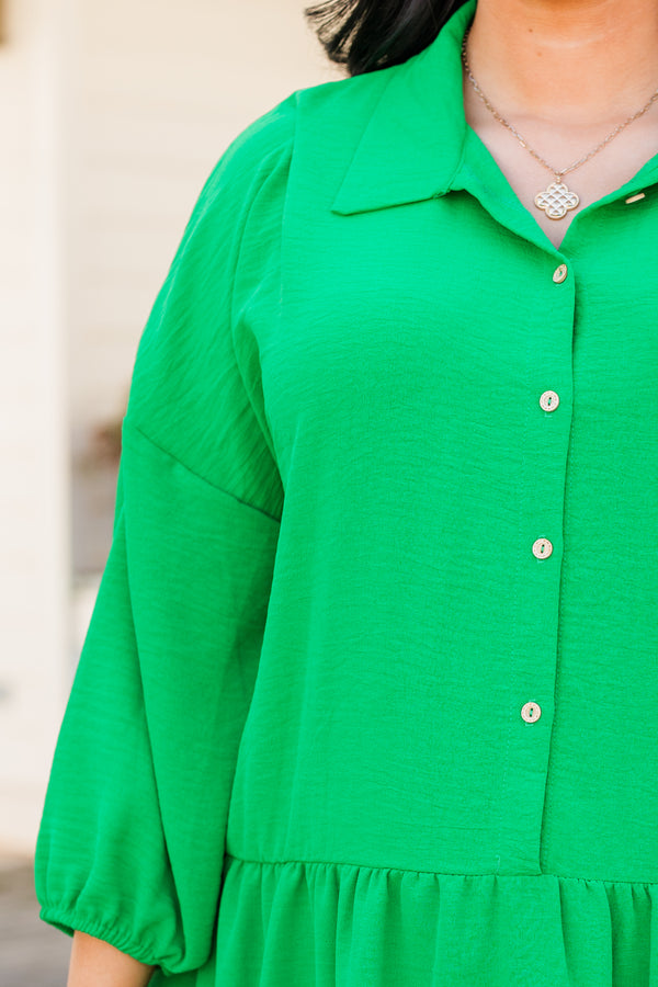 Chic Soul plus size clothing, kelly green long sleeve button up dress with tiered detailing and collar