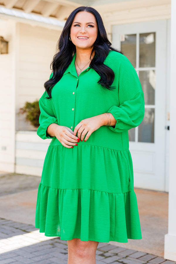 Chic Soul plus size clothing, kelly green long sleeve button up dress with tiered detailing and collar