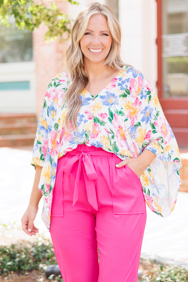 Chic Soul plus size clothing, multicolor floral top with flowy bat wing sleeves