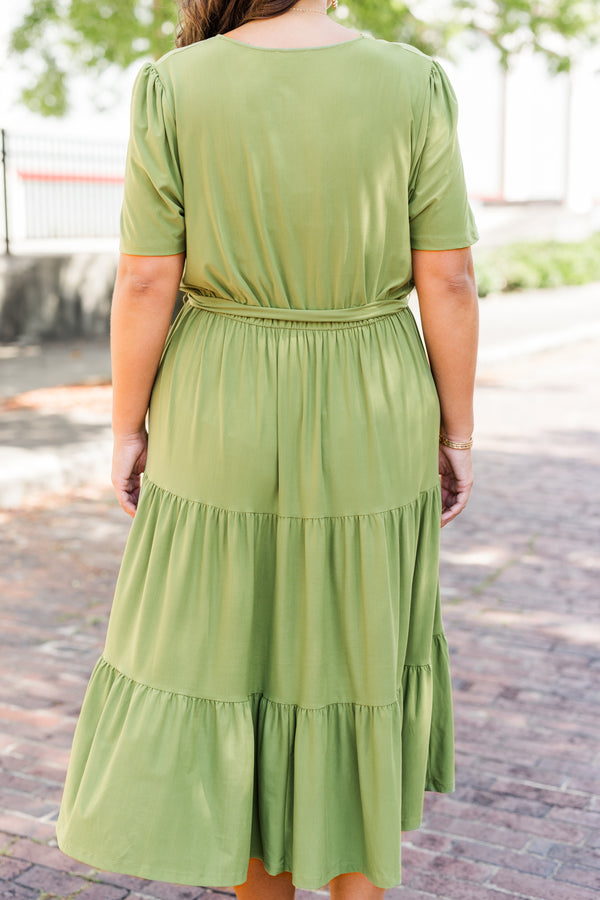 Chic Soul plus size clothing, green short sleeve midi dress with tiered detail and cross detail along chest with synch waist with belt
 