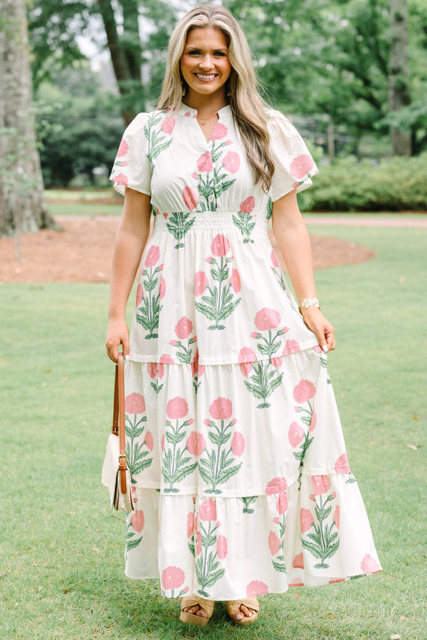 Chic Soul plus size clothing, cream short sleeve maxi dress with green/pink floral tulip print with v cutout along neckline with cinched waist