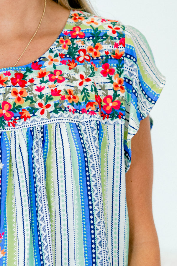 Chic Soul plus size clothing, teal and yellow stripe short sleeve top with floral embroidery