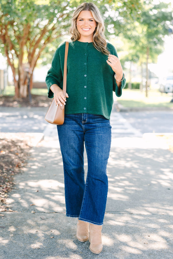 Plus Size hunter green button-down cardigan with a crew neck and wide, three-quarter length sleeves.