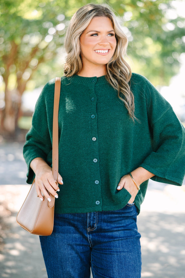Plus Size hunter green button-down cardigan with a crew neck and wide, three-quarter length sleeves.