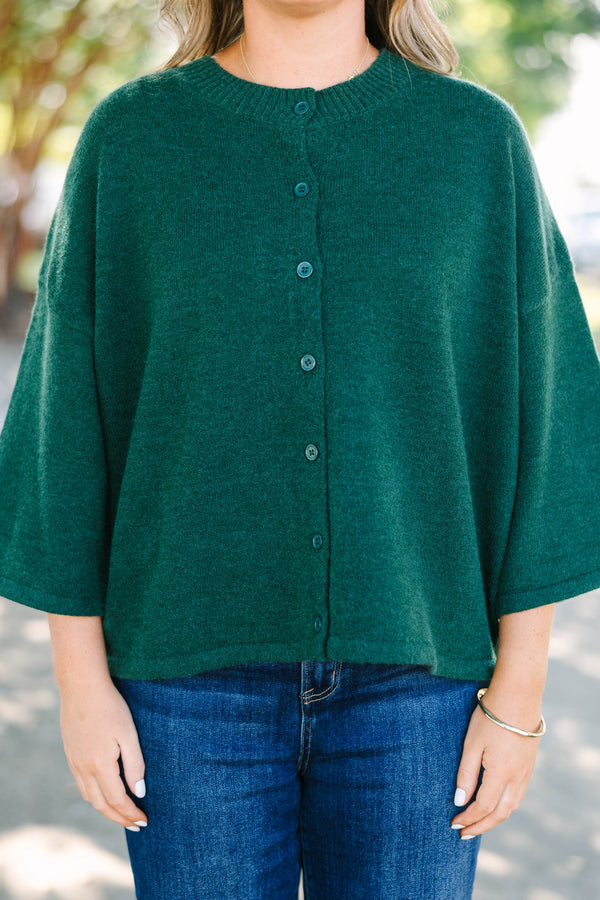 Plus Size hunter green button-down cardigan with a crew neck and wide, three-quarter length sleeves.